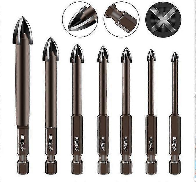 Efficient Universal Drilling Tool, 7 Pieces Thickened Triangular Cross Alloy Drill Bit Set High Hardness Accessory Tool 3, 4, 5, 6, 8, 10, 12mm
