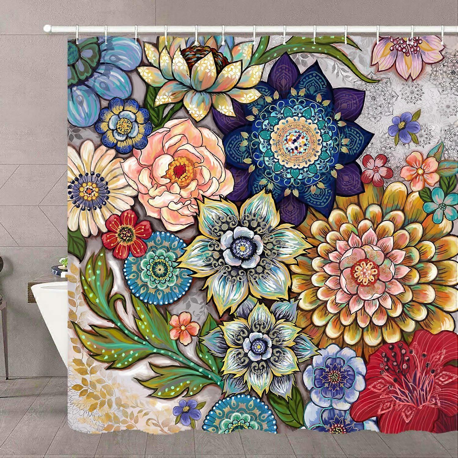 Boho Floral Shower Curta For Bathroom, 12 Hooks Bright Fabric Flowering Shower Curtain, Multi -Color 72 '× 84'