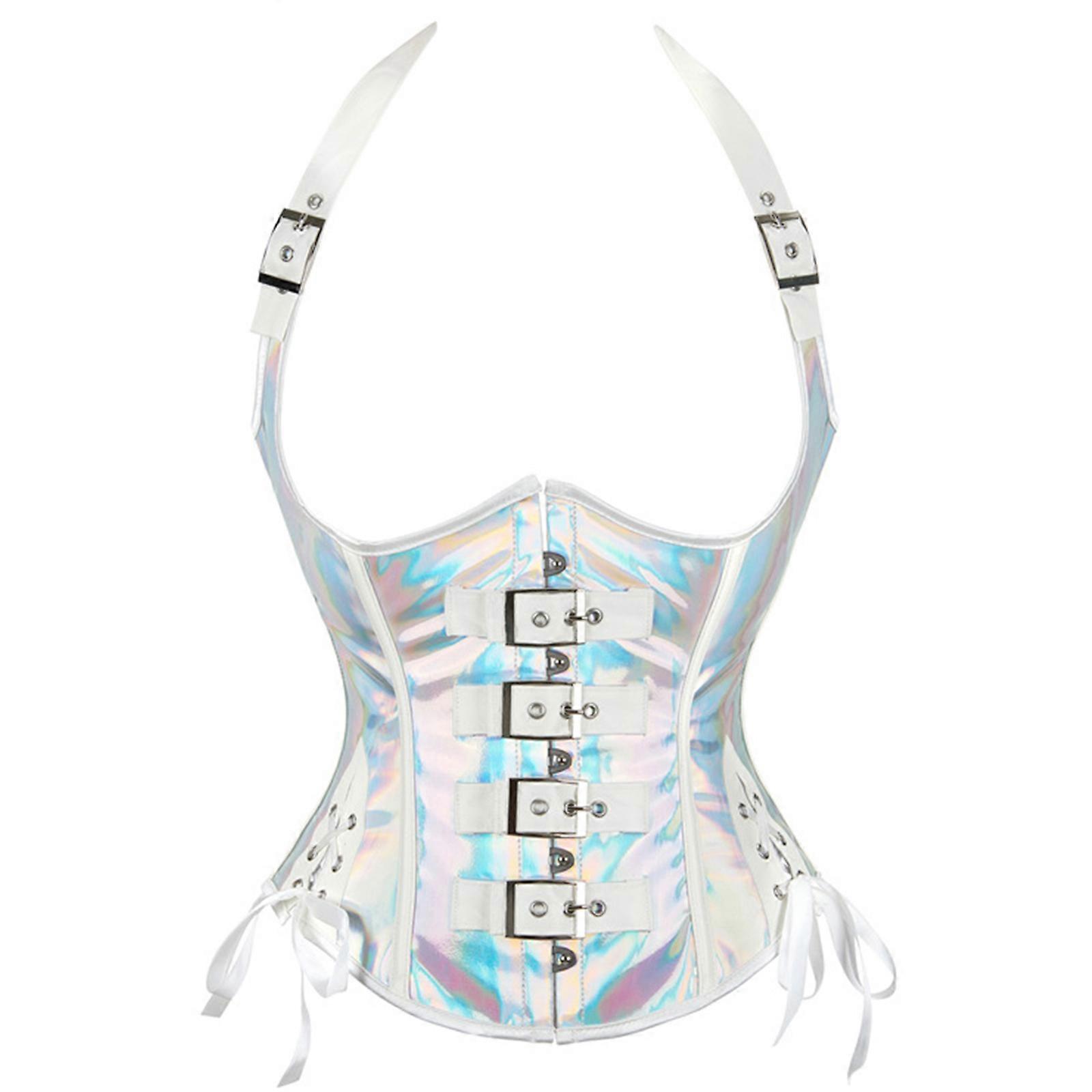 Dam Konstläder Halter Strap Underbust Korsettväst Snörning Midjeband XL Silver
