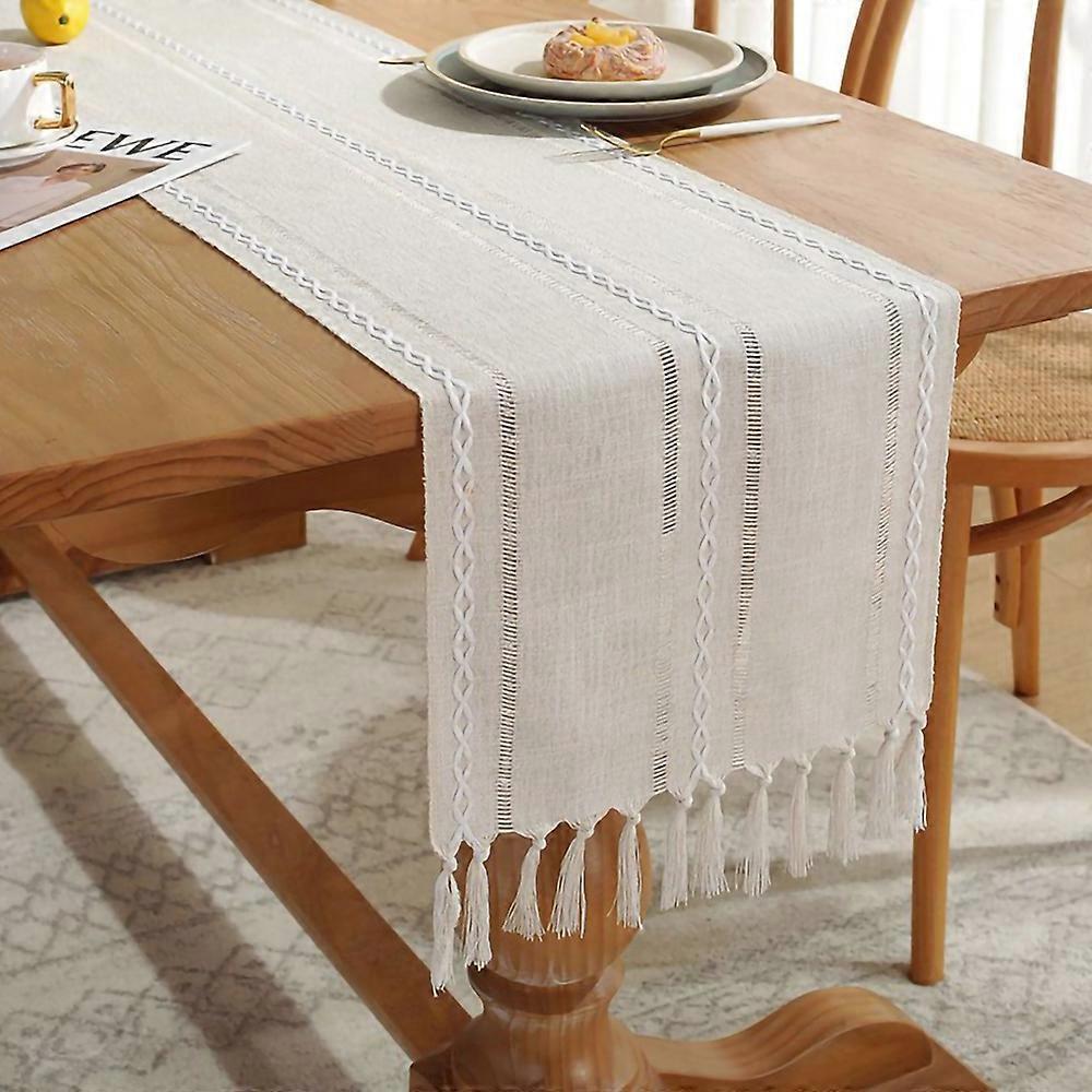 Bohemian Linen Table Runner, Tassels, Rustic Farmhouse Style, Beige, Polyester