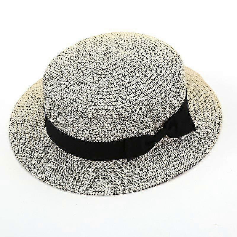 Women's Straw Boater Hat Round Flat Wide Brim Beach