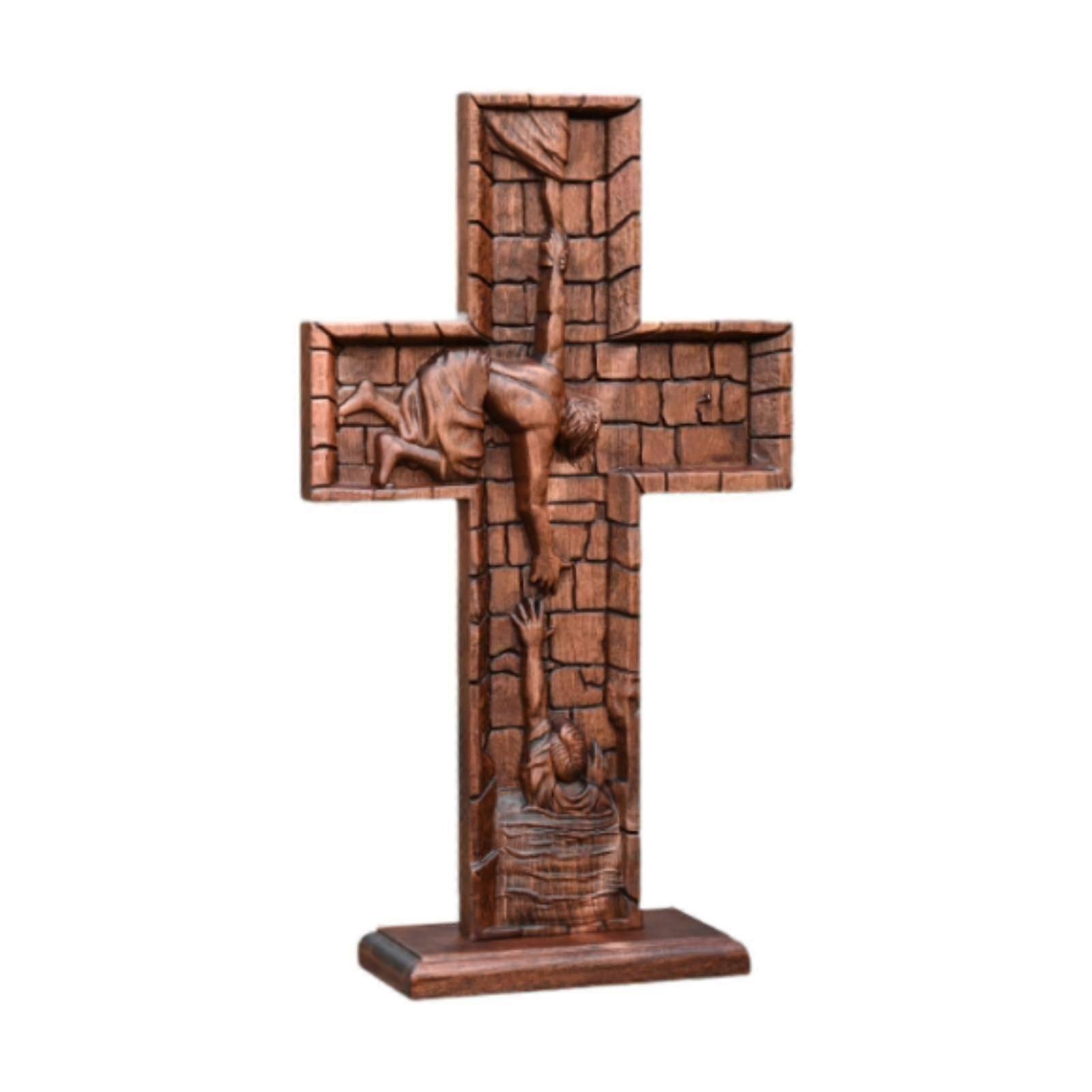 Wood Crucifix Standing Salvation Cross Wall Cross for Fireplace Decor Lightweight Handcrafted Desktop Ornament Christian Gift