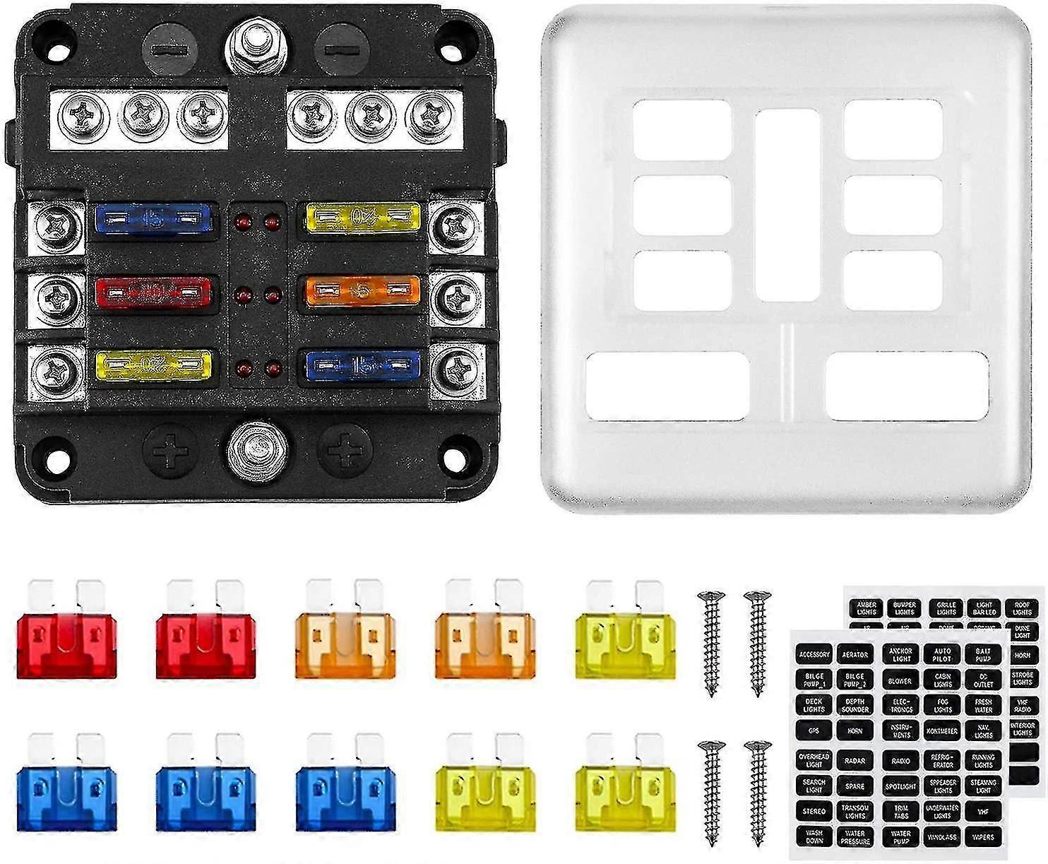 6 Way 12v Fuse Box 32v 100a Fuse Holder With 10 Fuses 6 Led Indicators Protective Cover + 2 Pcs Stickers For Car Boat Motorhome