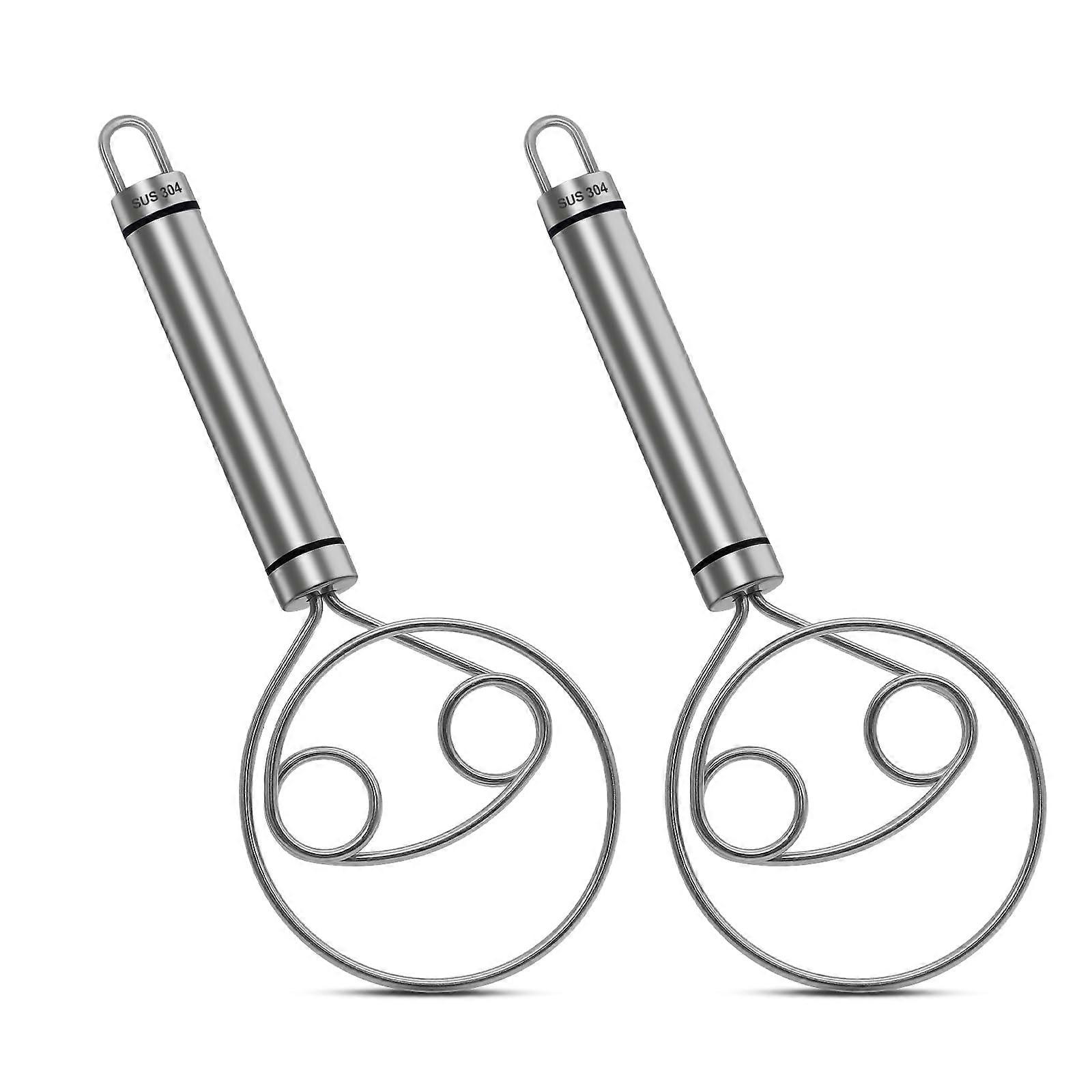 Danish Dough Whisk Set of 2, 304 Stainless Steel Mixing Whisks with Double Holes for Quick Bread and Cake Dough Mixing