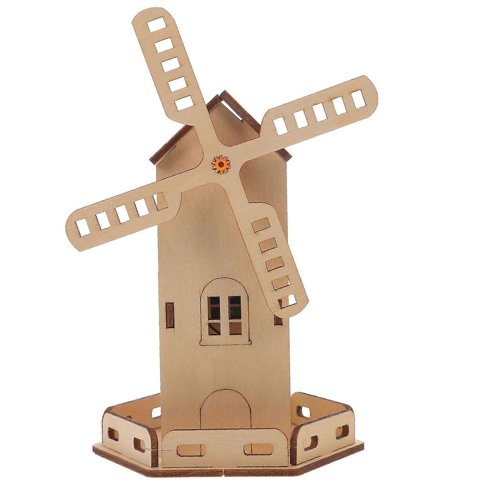 Kids Windmill Playthings Solar Powered Wooden Assembly Toy 1Set