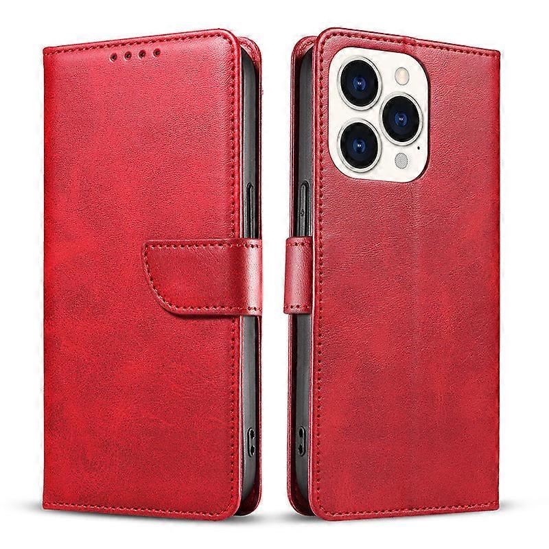 Case For Iphone 13 Red Leather Calf Pattern Flip Magnetic No3890