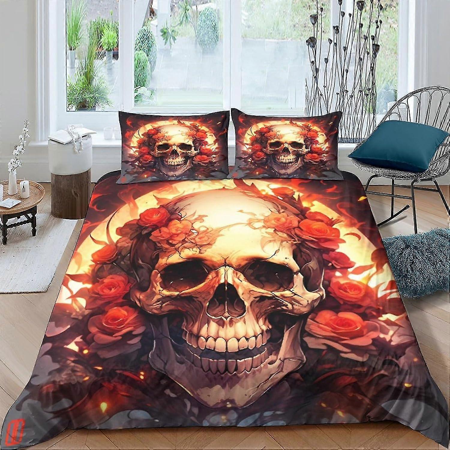 Gothic Skull Bedding Set 3D Comforter Cover, Kids Quilt Cover Set 3 Pcs with Zipper Closure, Soft Microfiber Double