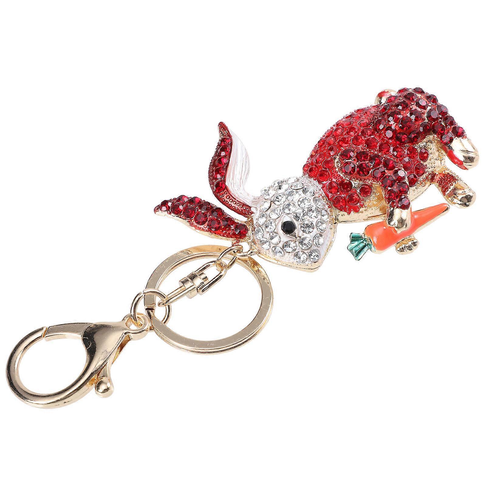 Creative Rabbit Pendant Keychain for Decor Made of Alloy with Rhinestones Red Color