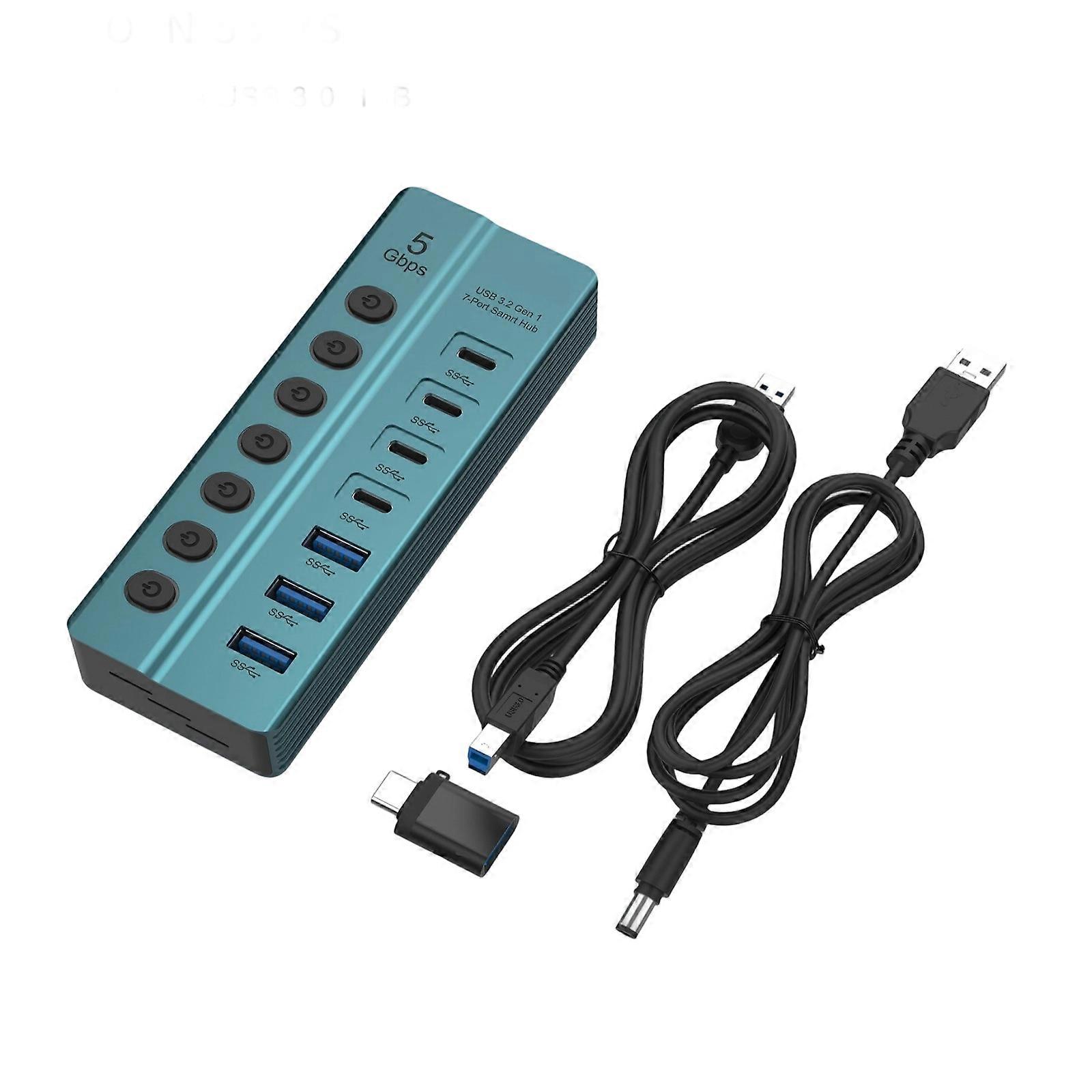 USB Splitter 7 Port USB Data Splitter with Individual Switches Power Adapter USB Extension Splitter for PC Laptop Multicolor