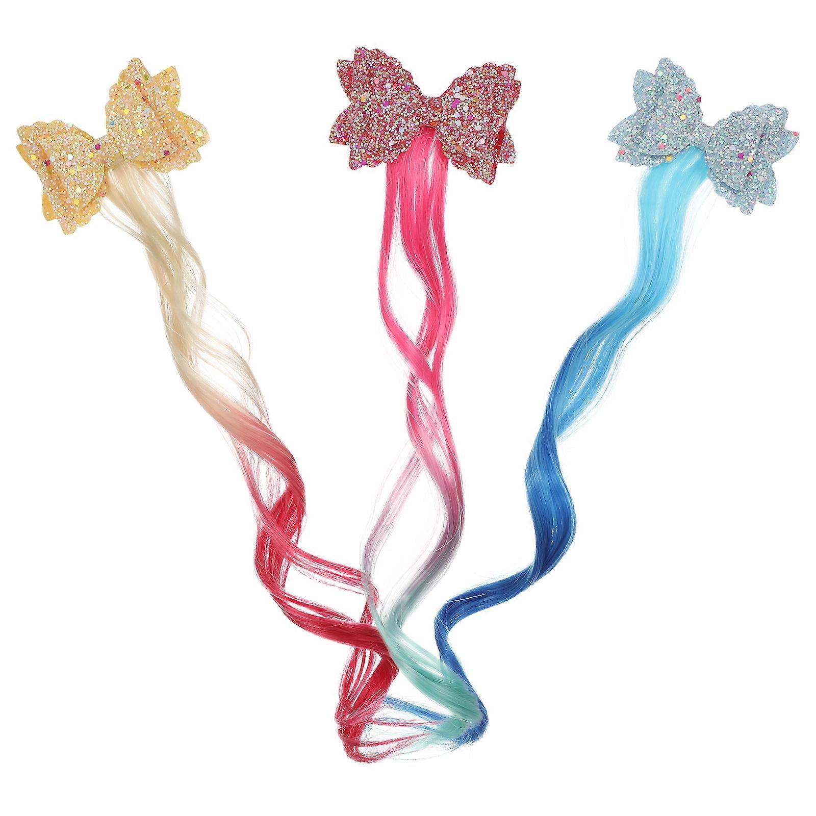 3pcs Colored Hair Extensions For Glitter Bow Clips Cute Accessories For Parties And Clip Curly Hairpieces