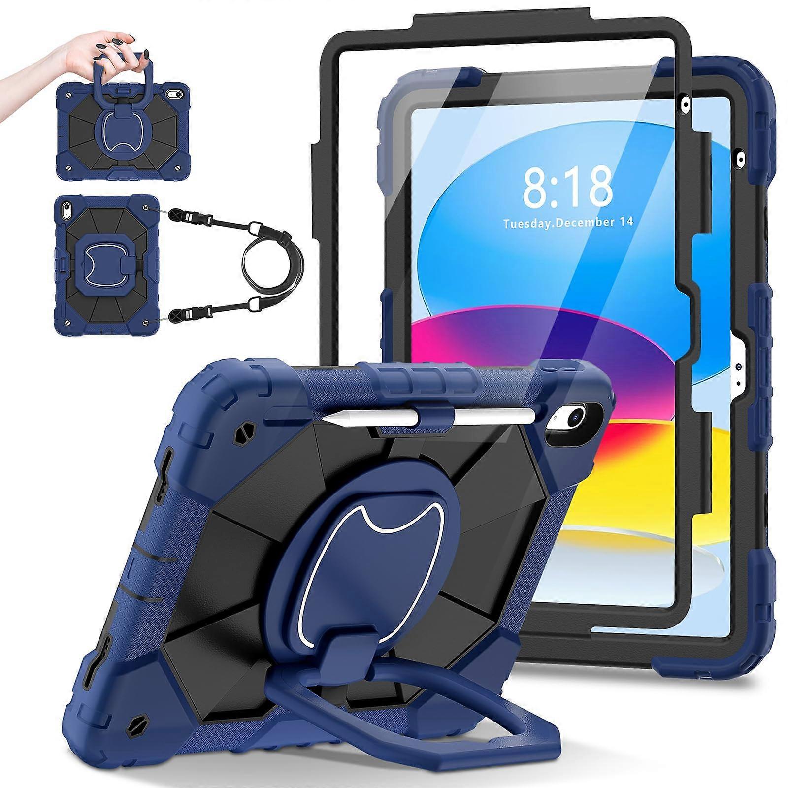 iPad Case A16 11th/10th For 11.0/10.9 With HD Screen Protector Shoulder Strap Shockproof Rotating Stand Navy Blue