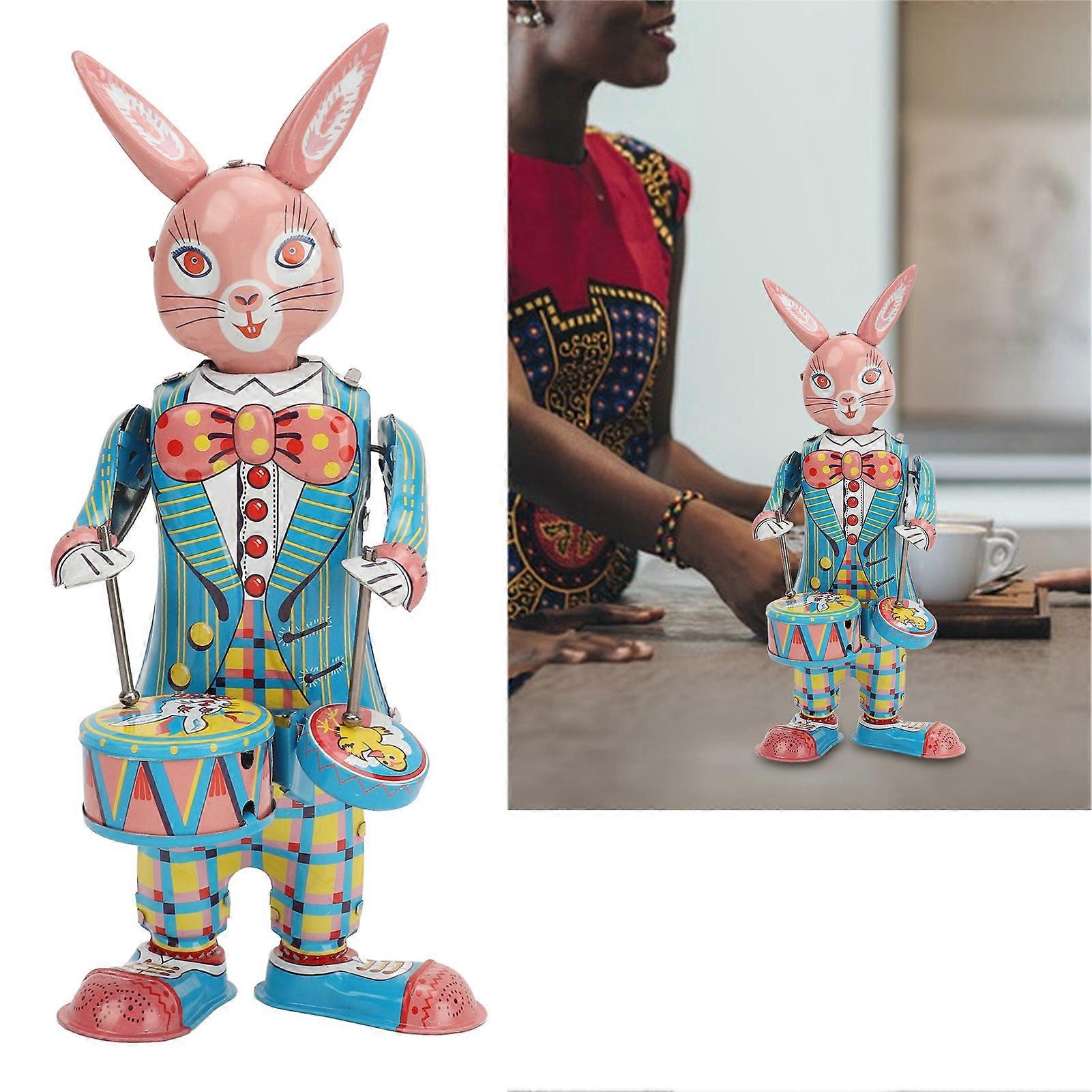 Retro Metal Rabbit Clockwork Toy Tinplate Swinging Drumming 208g