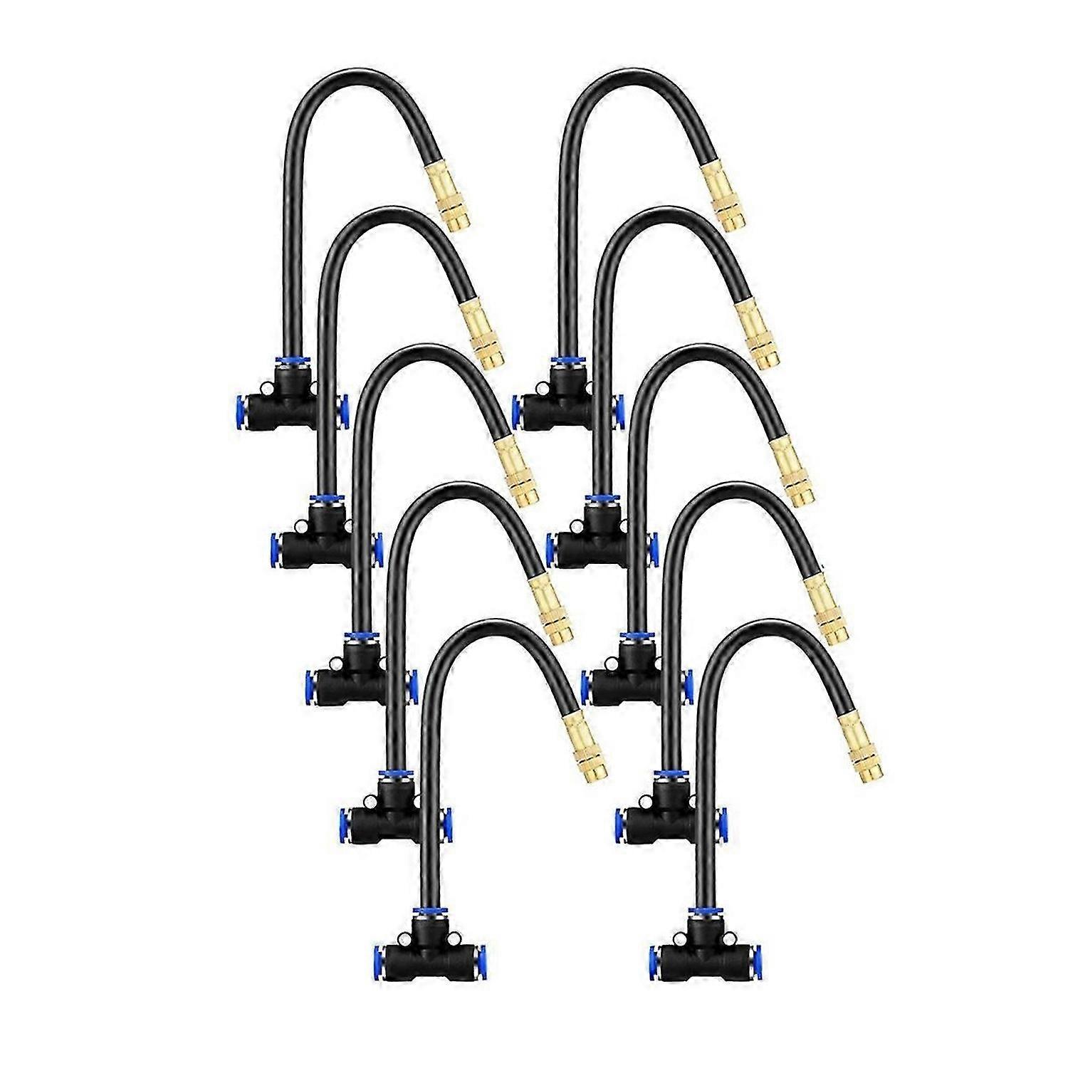 10 Pcs Brass Misting Nozzles Tee with 8 Inch Built in Hose 360 Degree Rotation Adjustable Water Mist