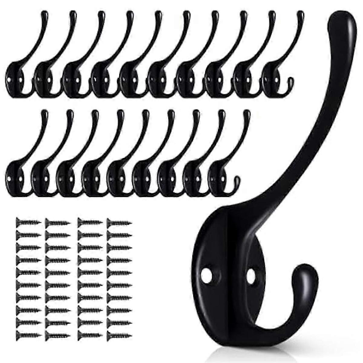 20Pack Black Wall Hooks for Hanging, Metal Coat Hooks Wall Mounted, Retro Double Hooks Heavy Duty H-2025