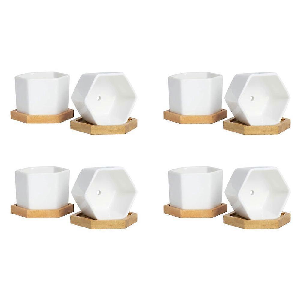 Ceramic Planter with Tray White Hexagon Succulent Flower Pot for Home Use 4Sets