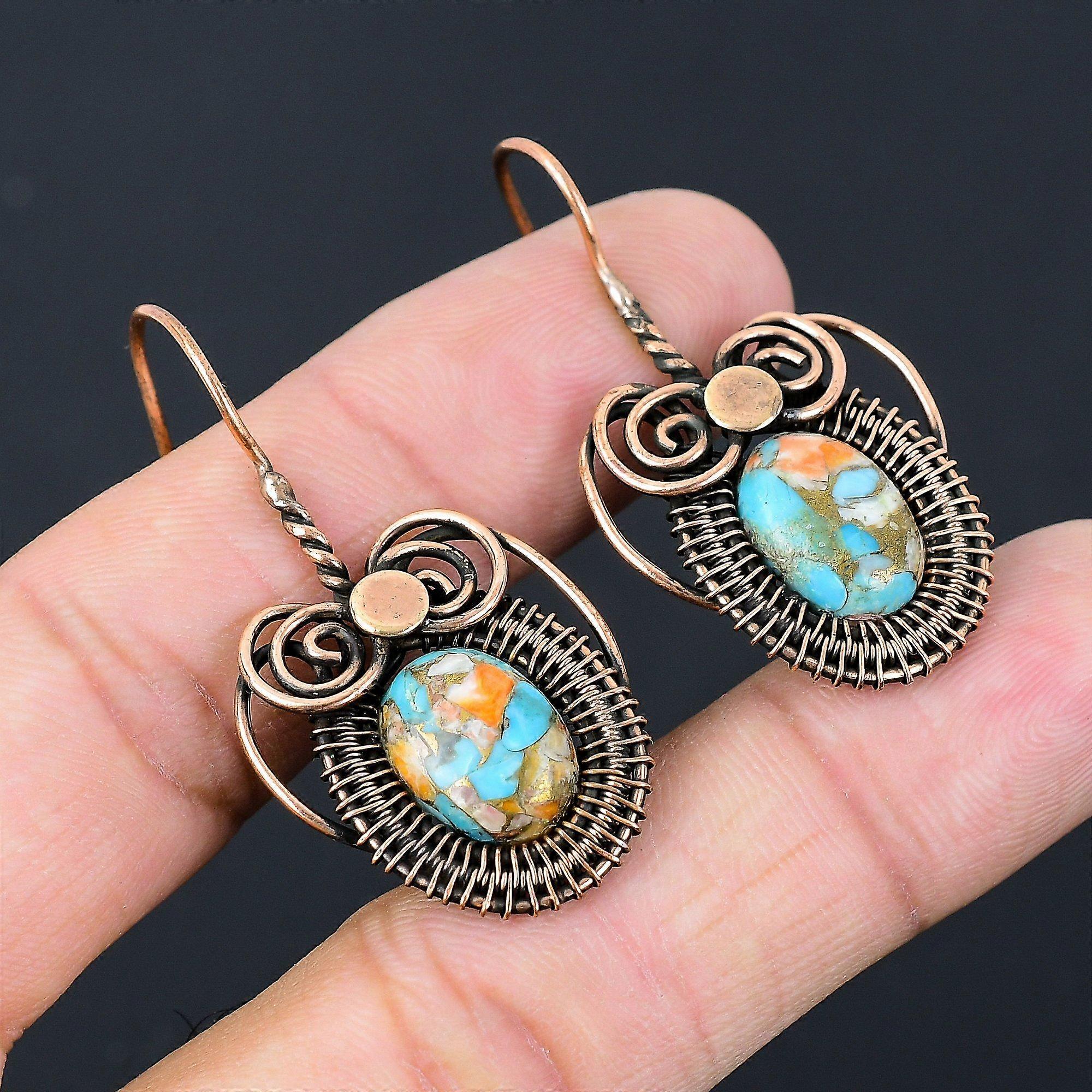Gioielli in rame con pietre preziose turchesi e ostriche spinose, orecchini fatti a mano avvolti in filo di rame puro