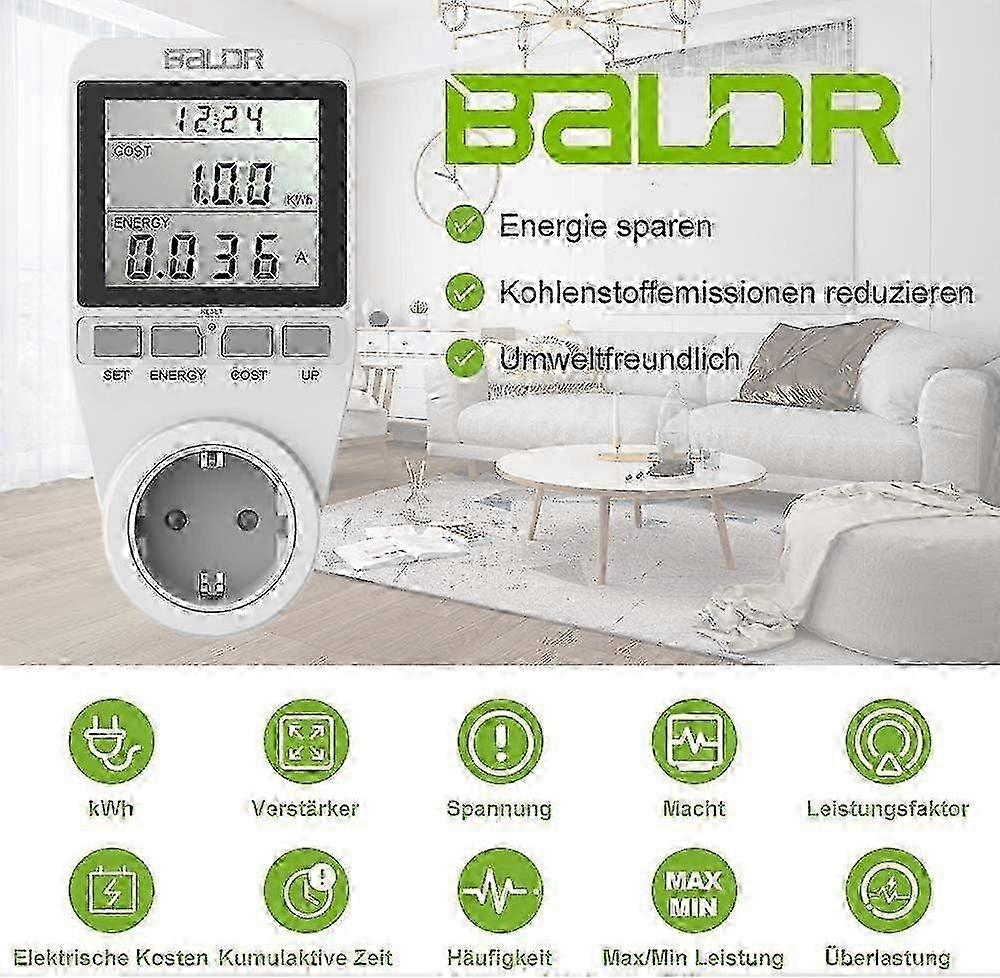 3680W electricity meter, electricity meter for sockets, energy cost meter with large LCD display and maximum overload protection, electricity met