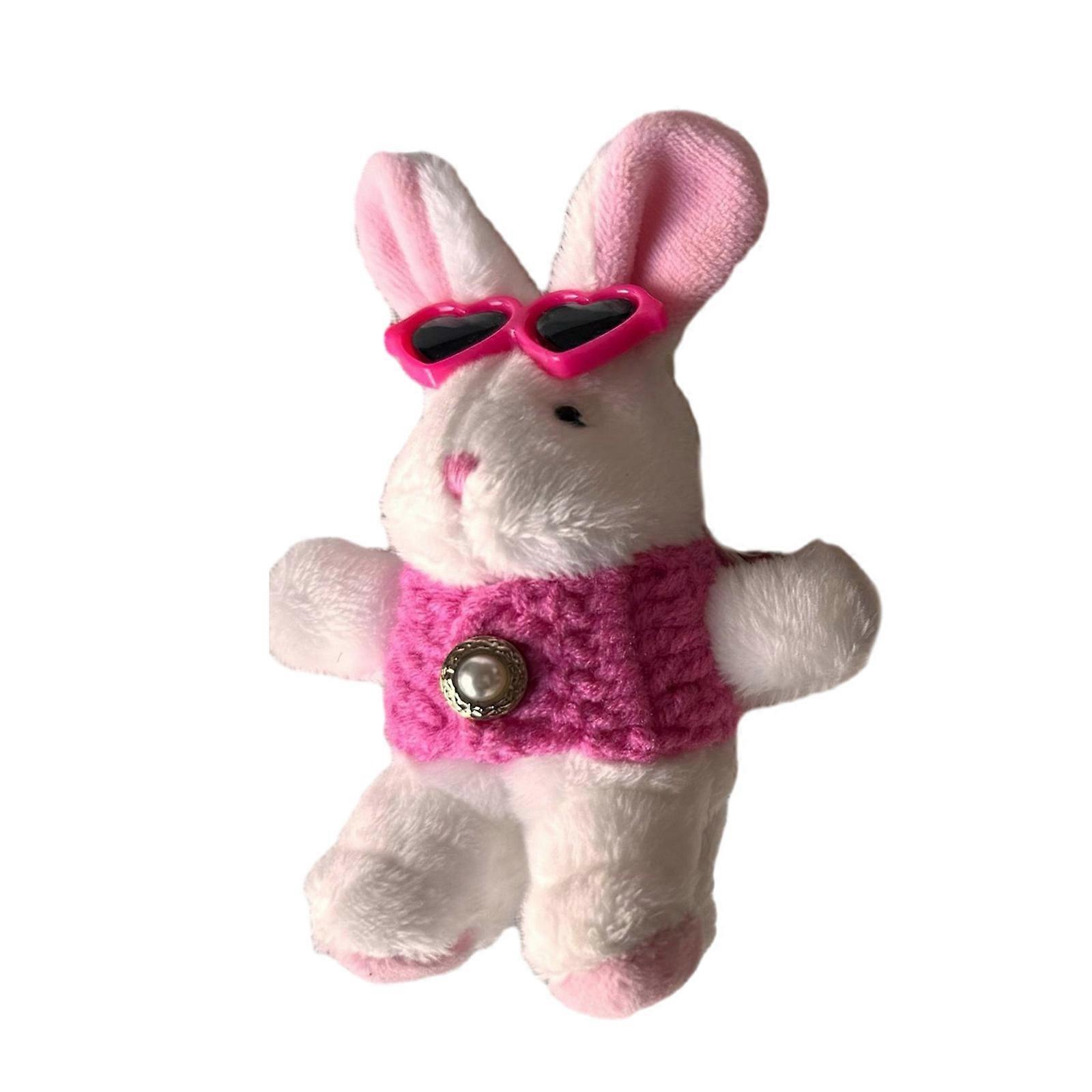 Adorable Rabbit Keyring with Eyeglasses Plush Animal Dolls Key Chain Bunnys Pendant Bag Charm Versatile Key Accessory  White