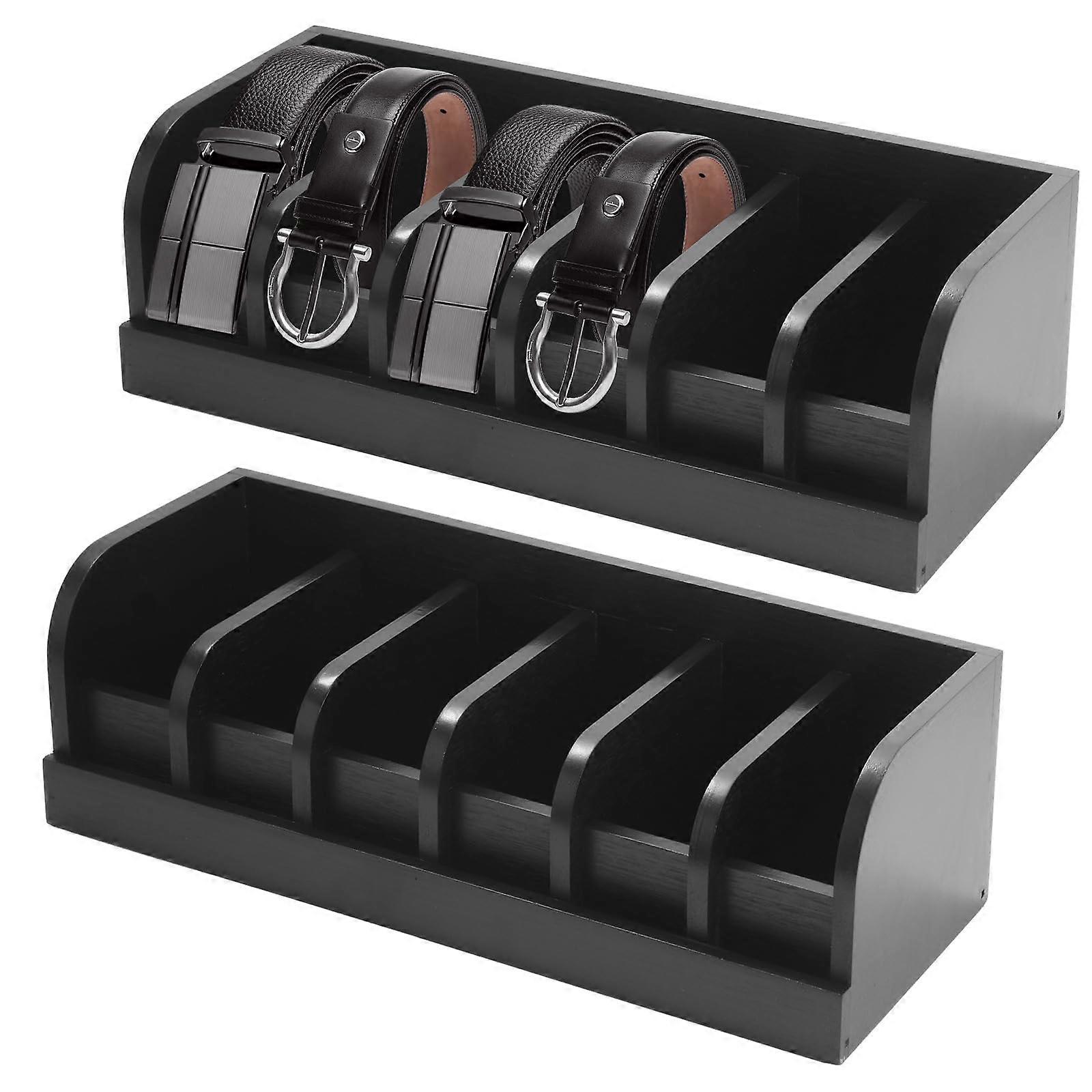 2 Pack Bamboo Belt Organizer with 6 Compartments, Closet and Drawer Storage Box for Belts and Ties