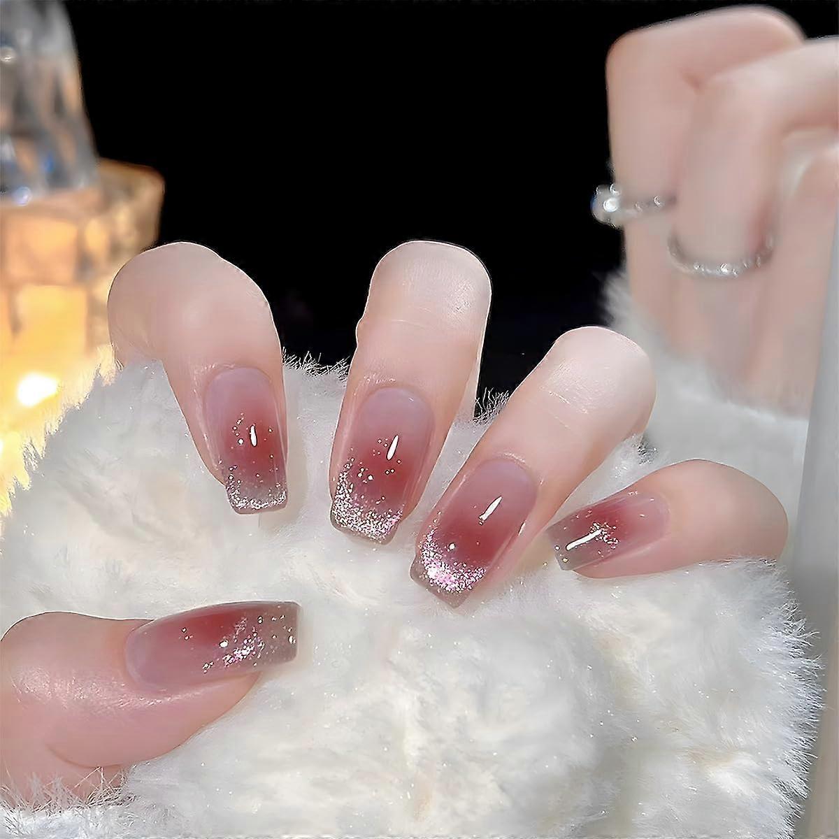 Pink Gradient Press on Nails Medium Square Acrylic Fake Nails with Silver Glitter 24PCS Reusable Kit