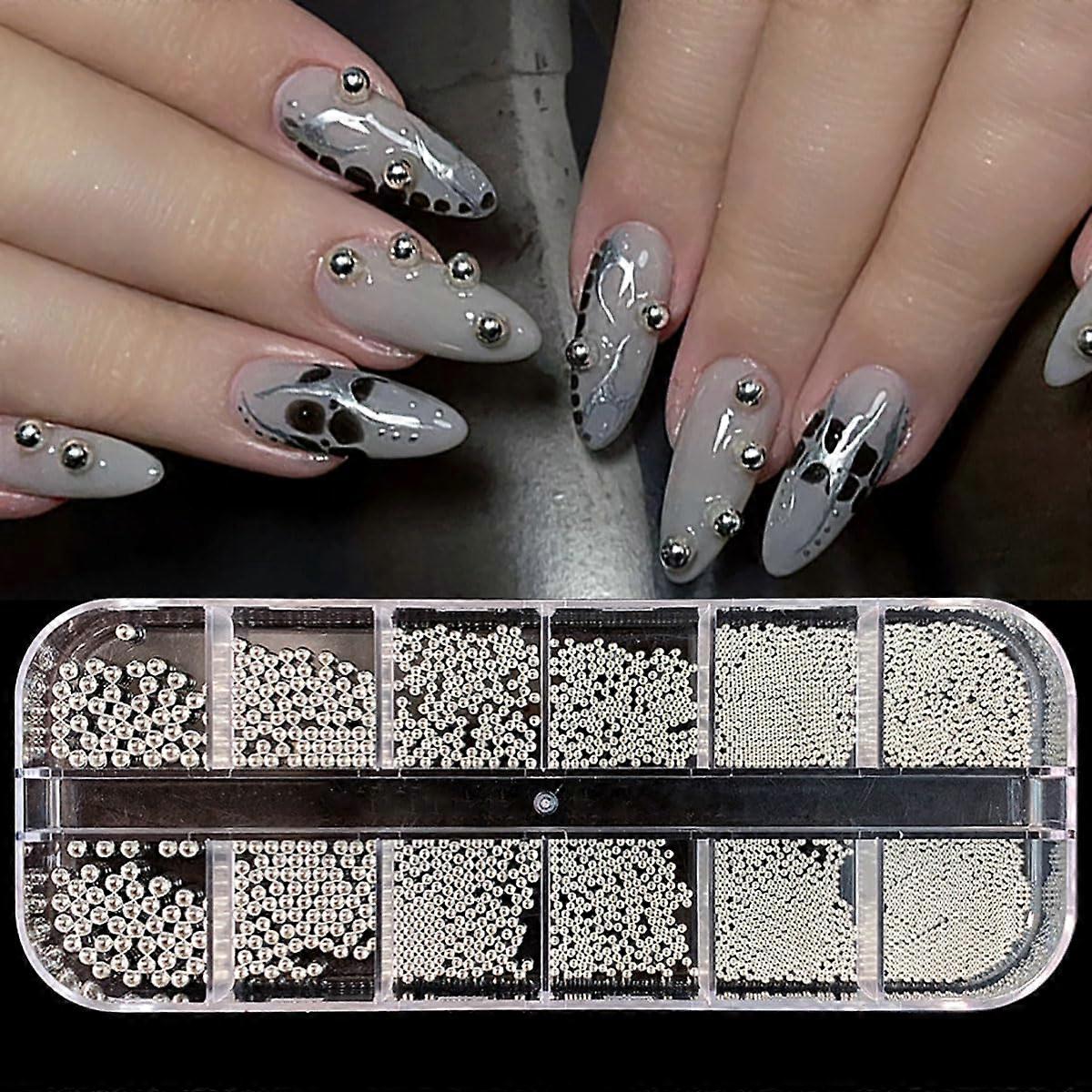 Silver Caviar Nail Art Beads Set MultiSize Micro Round Beads for 3D DIY Decoration