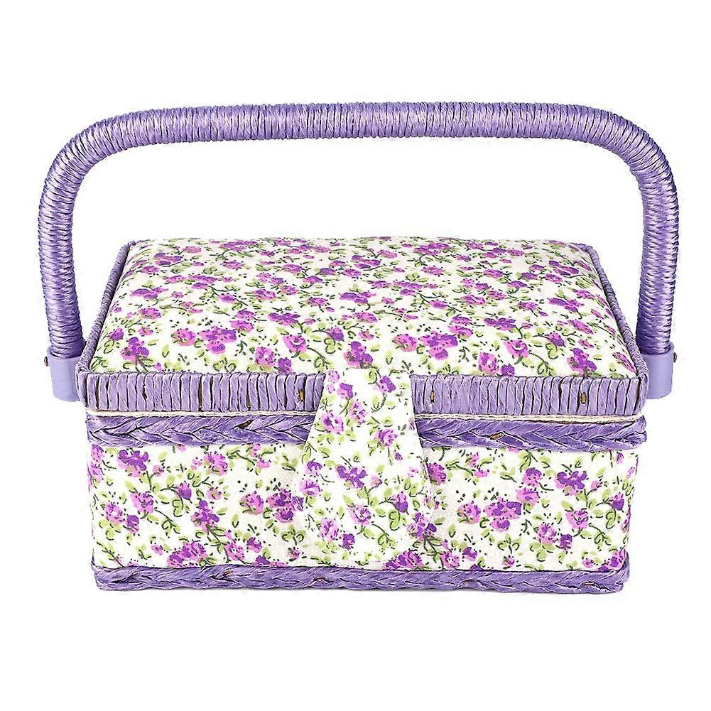 Large Flower Print Sewing Basket with Handle, DoubleLayer Sewing Storage Box for Threads and Needles