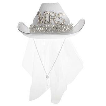 Chapéu de caubói para noiva com véu, acessório de casamento em tecido branco.