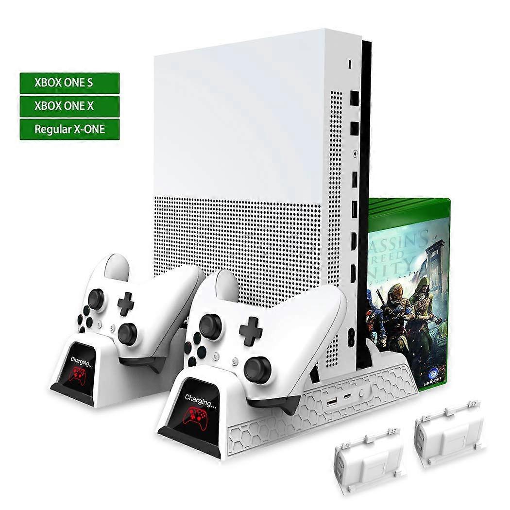 Cooling Stand for Xbox One with Dual Controller Charging Dock, Fan, 12Game Storage, Batteries, White