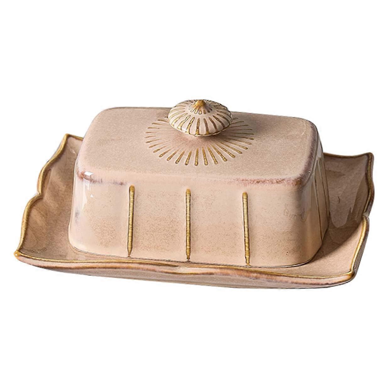 Vintage Khaki Ceramic Butter Dish with Lid Rectangular HeatResistant Serving Plate for Kitchen