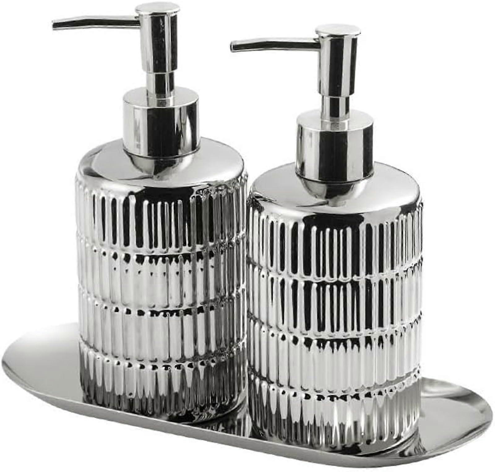 Ceramic Soap Dispenser Set with Dish, Striped Refillable Pump for Bathroom and Kitchen Silver 2PC