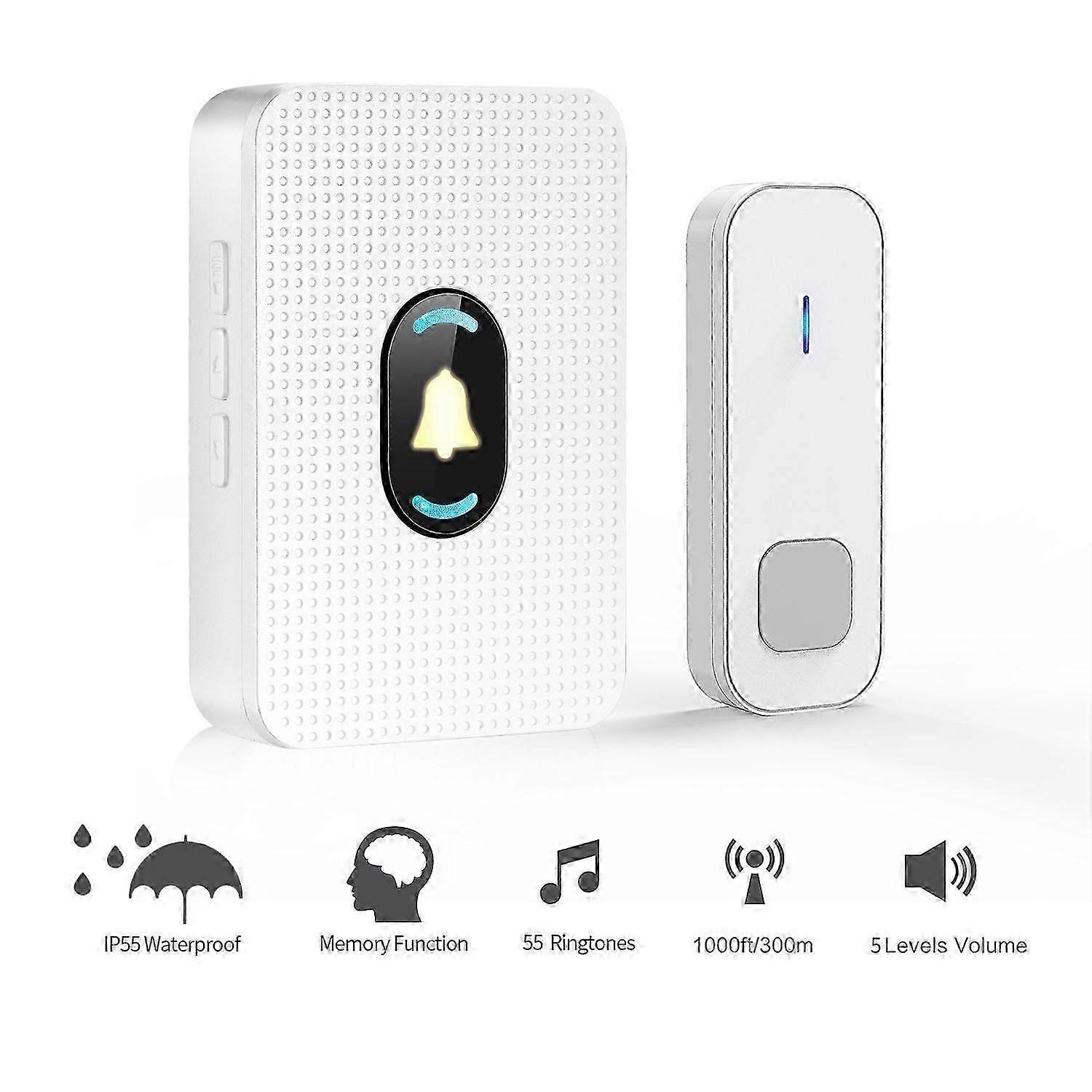 Wireless Doorbell, LED Night Light, Waterproof, Touch Button, Pager