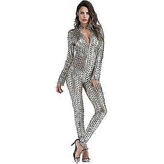 Damen Sexy Hollow Catsuit Jumpsuit Metallic Clubwear Kostüm Leder Dessous