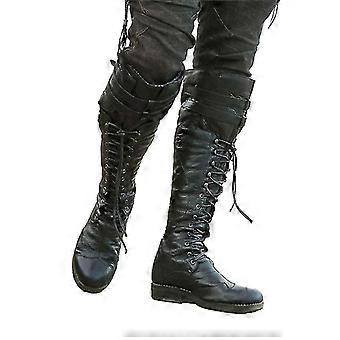 Męskie średniowieczne kozaki do kolan Sznurowane buty z paskiem krzyżowym Płaskie fajne buty motocyklowe