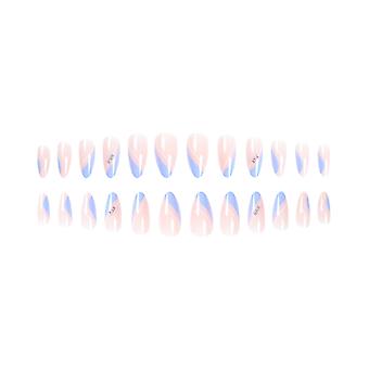 Pink With Blue Edge Printed Fake Nails Natural Unbreakable Nail Simple Wear For Shopping Traveling Dating