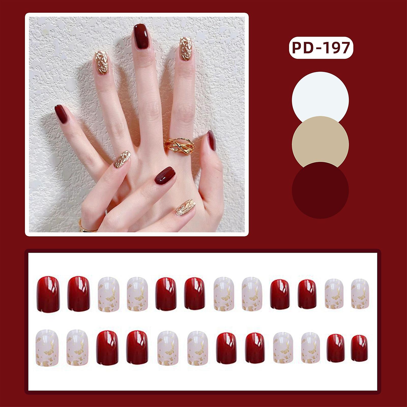 Red Short Fake Nails With Gold Foil Charming Com