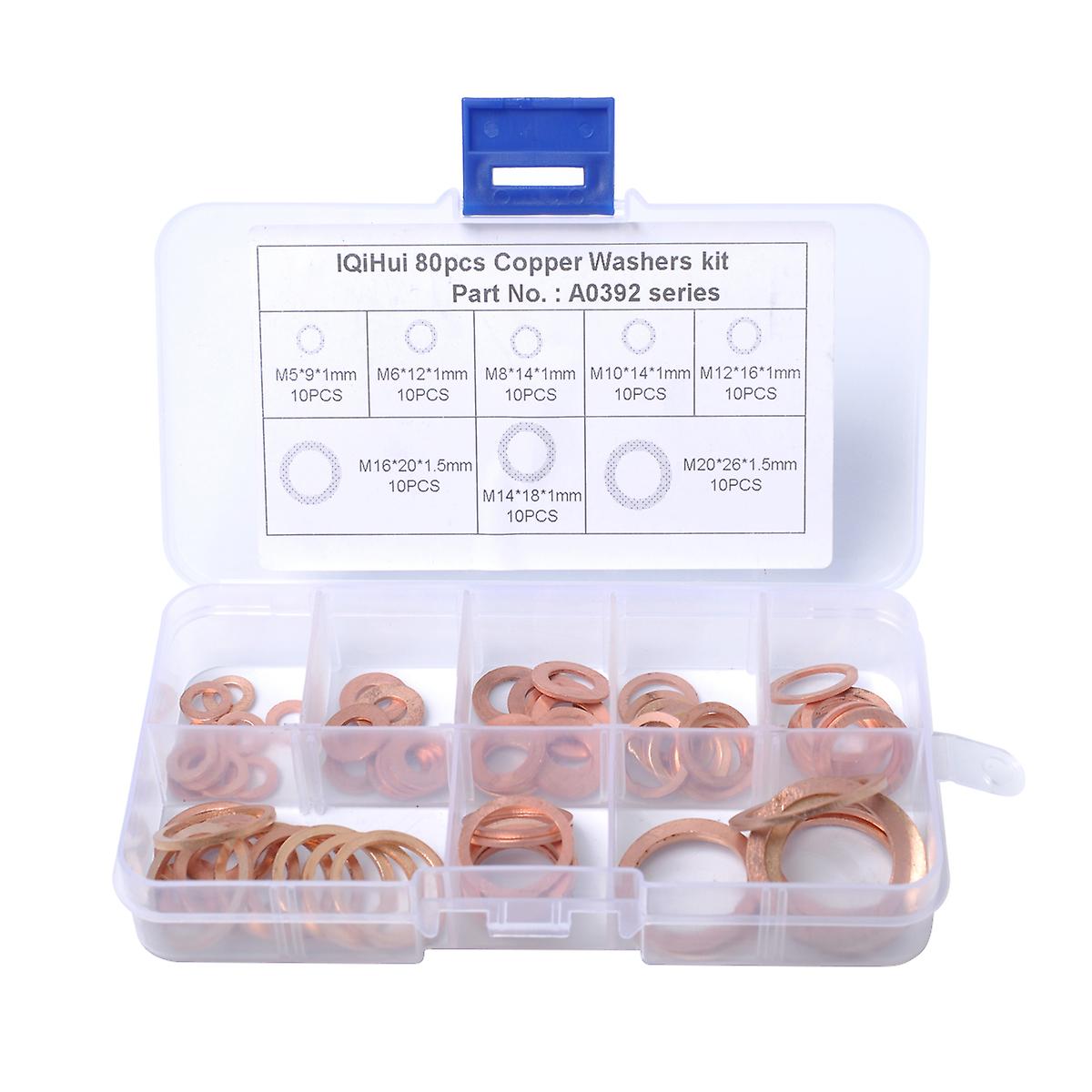 80Pcs 8 Sizes Flat Copper Metric Sealing Washers Assortment Set