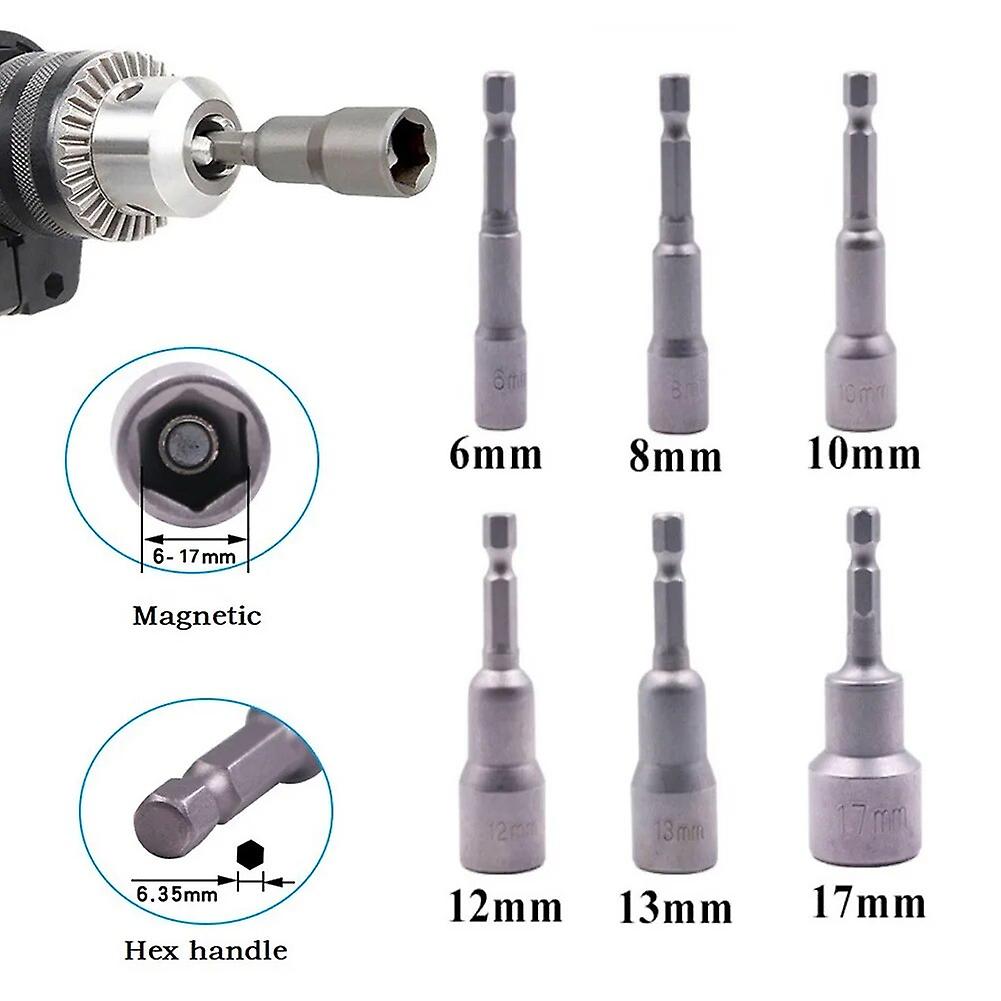 6pcs 6-17mm Magnetic Impact Socket Nuts Screwdriver Hex Nut Drill Driver Bit Socket Wrench Extension Sleeve Socket Wrenches~13528