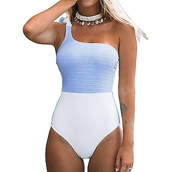 Veeki Women's One Piece Swimsuit Color Block One Shoulder Bowknot Bathing Suit, Blue, L