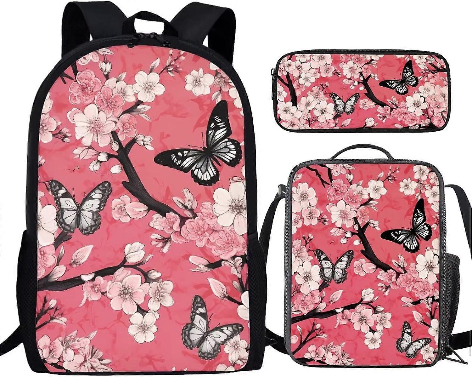 3 قطع أسود رمادي الفراشات الوردي زهر الكرز حقيبة السفر للنساء الرجال ، حقيبة الكتب المحمول حقيبة غداء حقيبة يد حقيبة قلم رصاص منظم