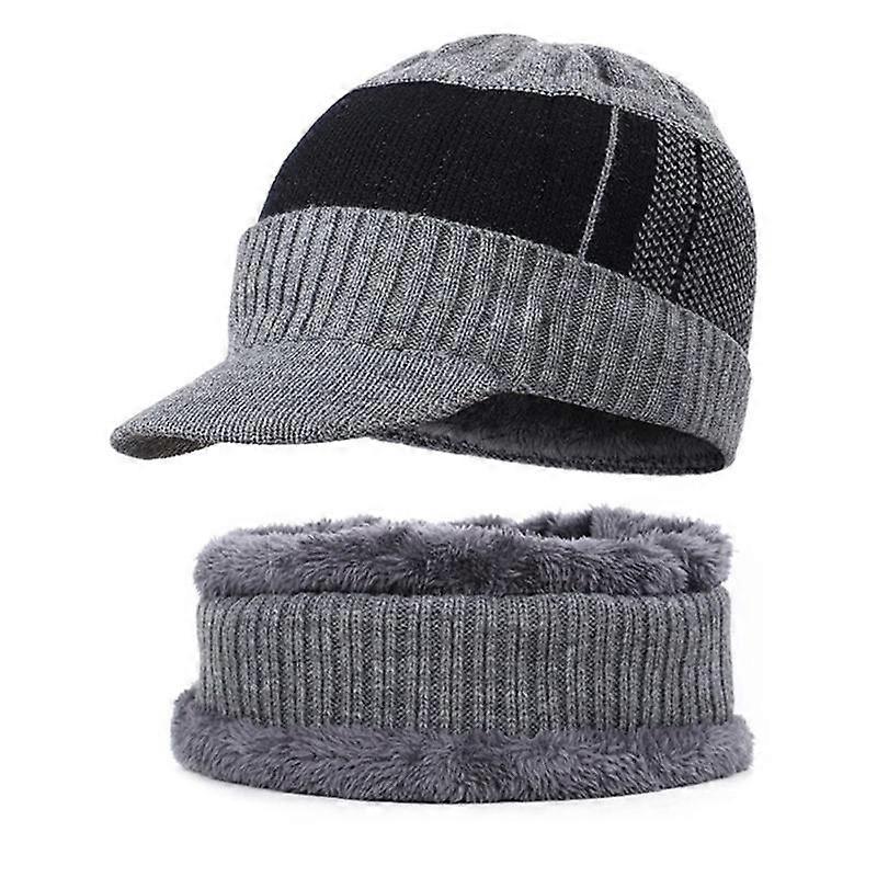 Barsinfi pol Winter Warm Knitted Hat Visor Knitted Cap Wool Lined Soft Breathable with Scarf Loops Men's Cap Set