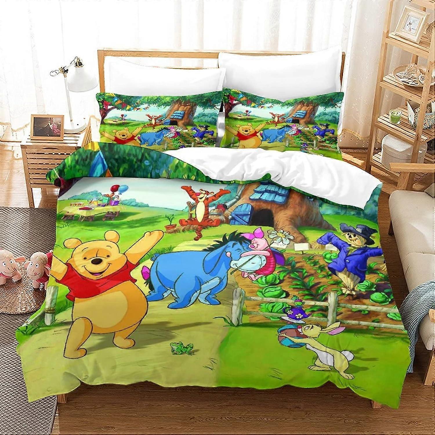 Winnie The Pooh Duvet Cover with Pillowcases Animated Characters Printing Bedding with Zipper Closure Soft Microfiber Duvet Cover King