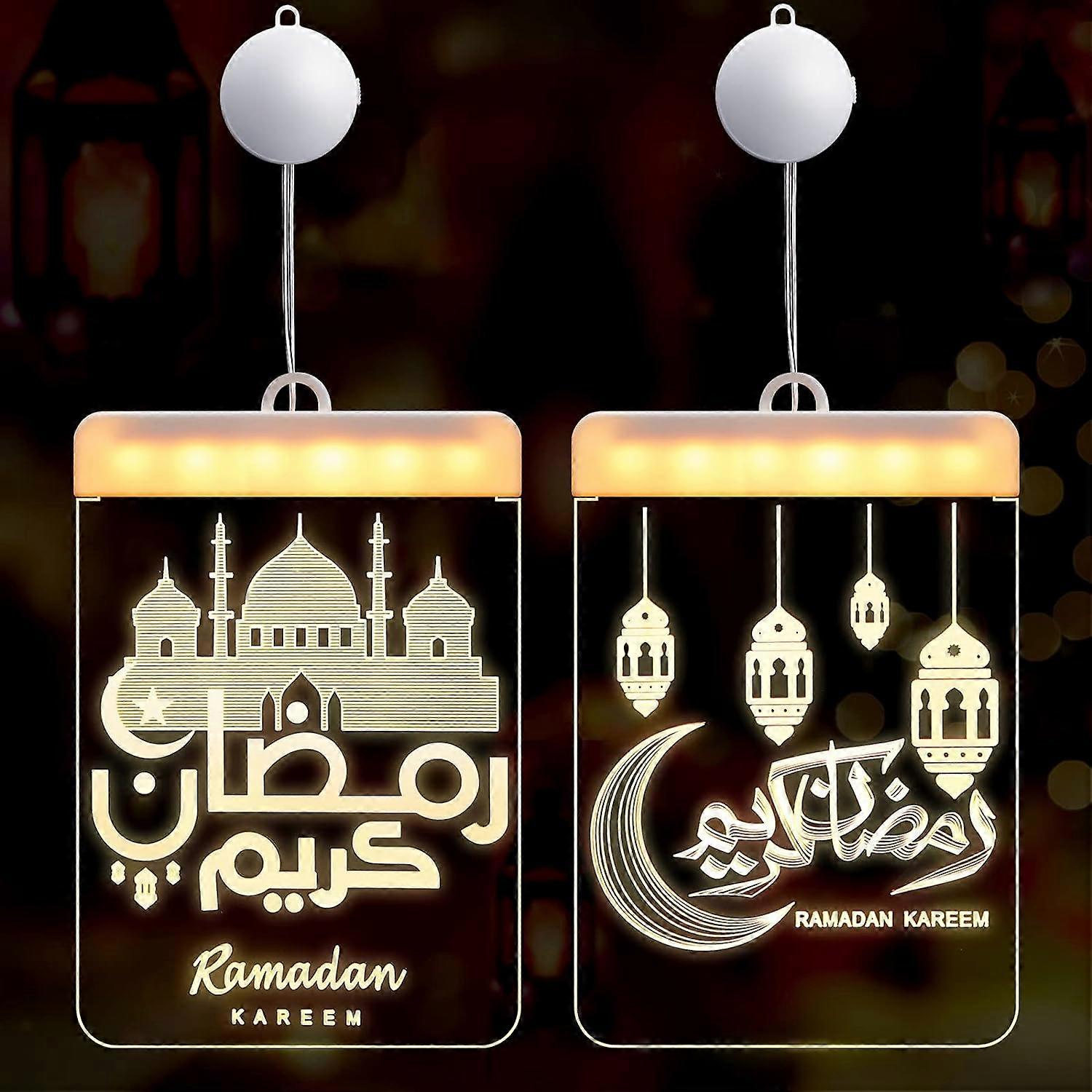 2 Pieces Eid Decorative Window Lights Eid Mubarak LED Hanging Lights,2024 Ping