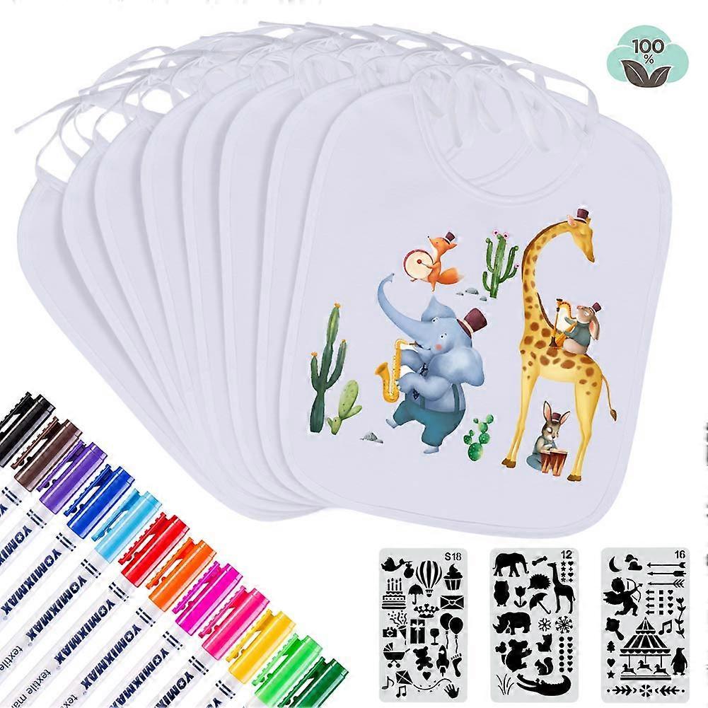 Bavaglini da 8 pezzi per dipingere bavaglini bianchi con 12 penne tessili e 3 stencil bandane impermeabili per baby shower (29 * 24 cm)
