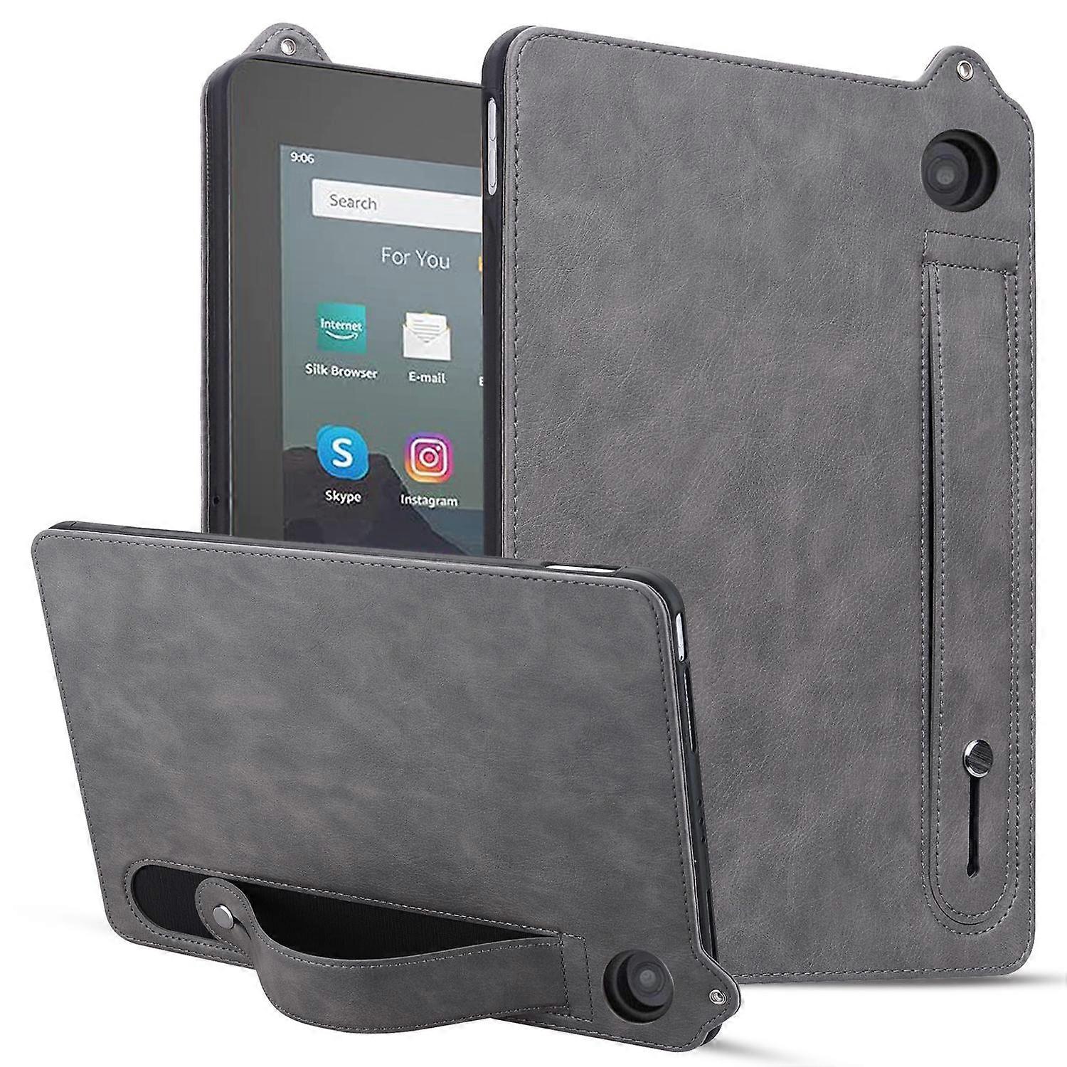 For Amazon Fire 7 (2022) Case Hand Strap Kickstand Leather Tablet Cover - Grey