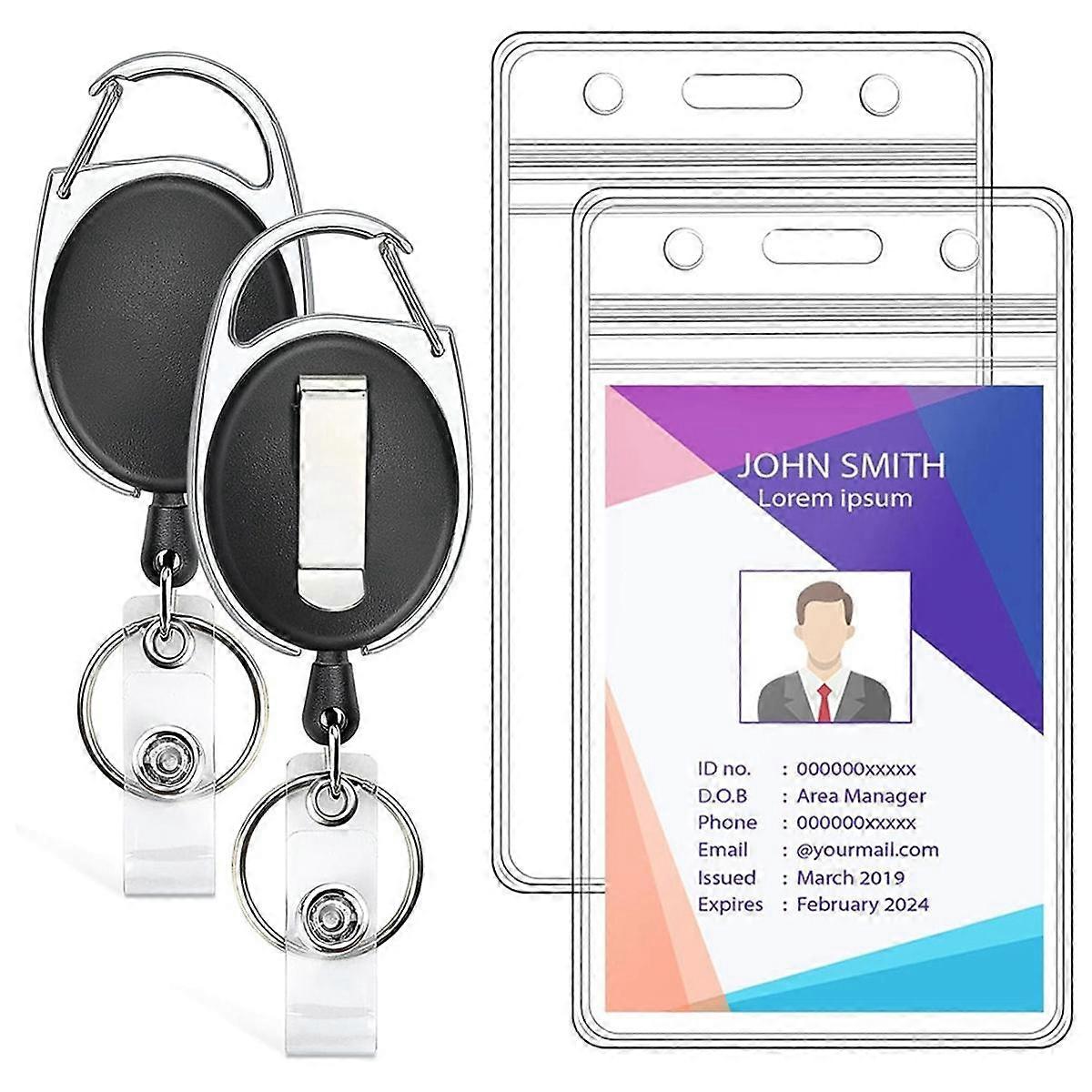 2 Pack ID Badge Holder with Retractable Badge Reel Clear Vertical ID Card Holder with Heavy Duty Carabiner Badge Reel