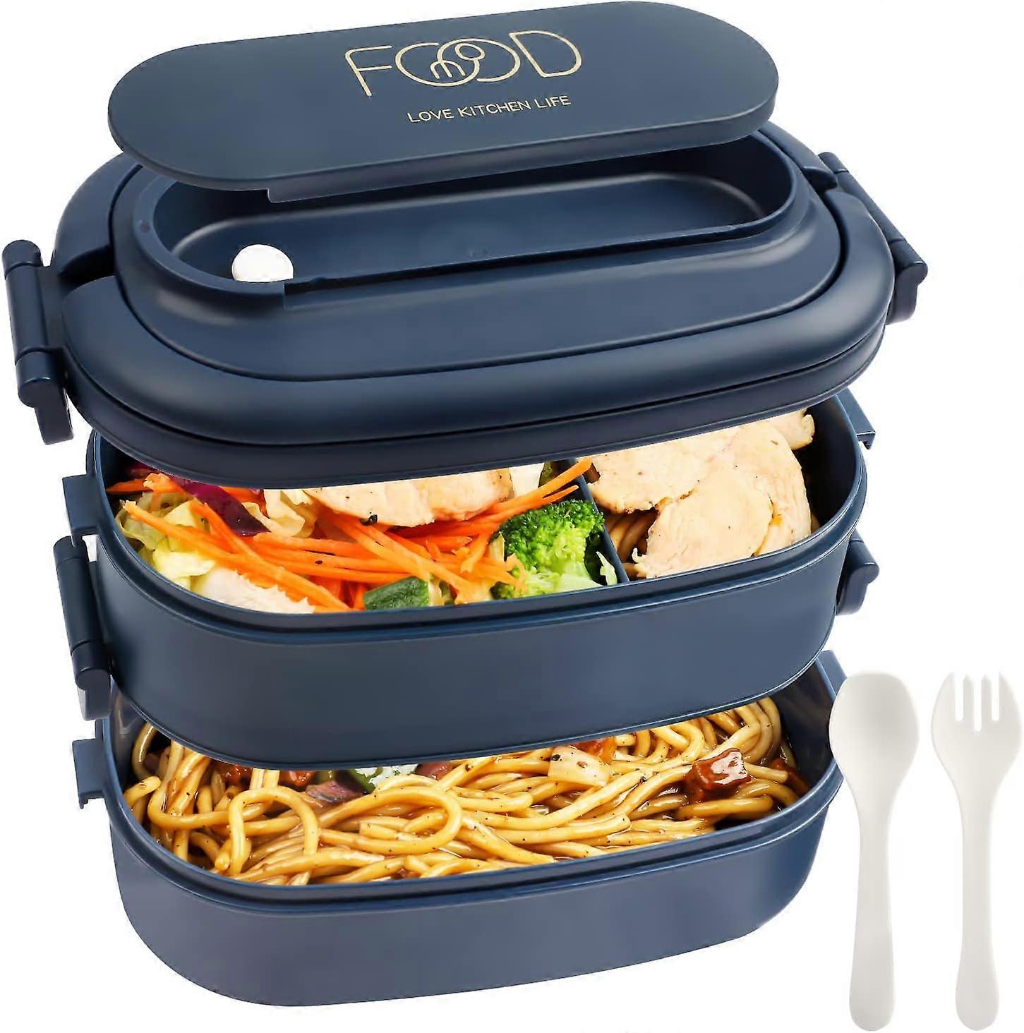 Lunchbox: 2-laags Bento Lunchbox met Bestek - 1550ml 3-Vaks Lunchbox - BPA-vrij Plastic Compartiment Bento Box - Bento Box Compartiment voor