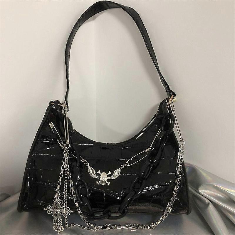 Gothic Dark Punk Underarm Bag With Skull Shoulder Bag Y2k Chain Crocodile Pattern Crossbody Bag Kore