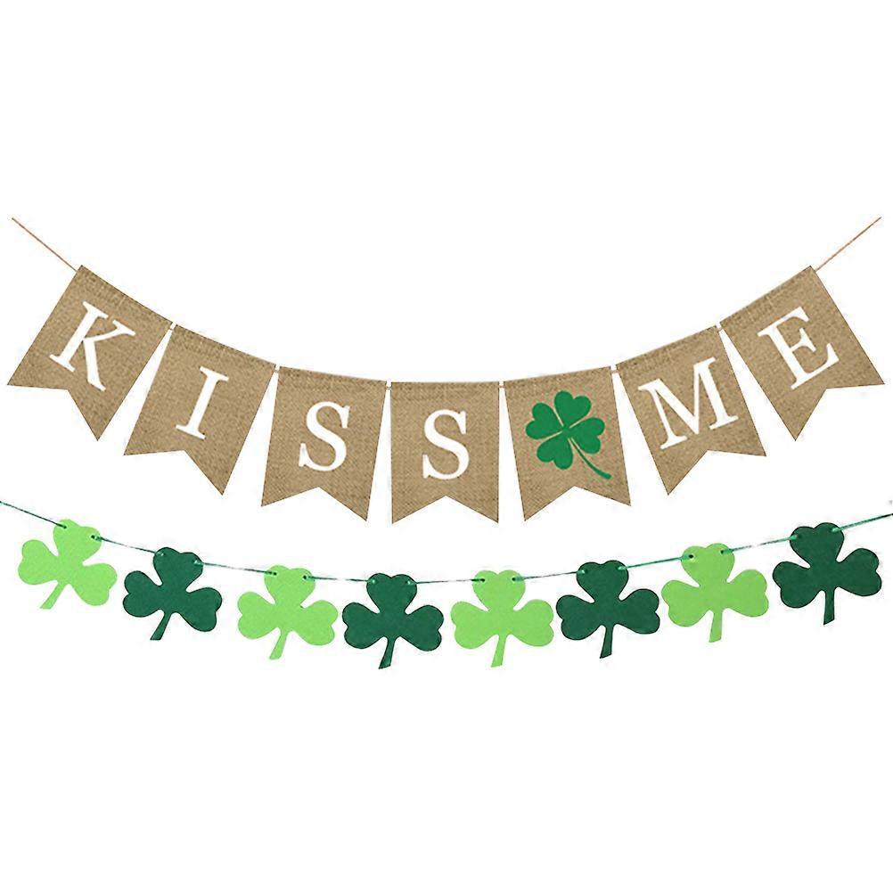 Non-woven Fabric Gradient Shamrock Burlap Banner Kiss Me Clover Bunting Garland St.Patrick Day Decorations (C Type)