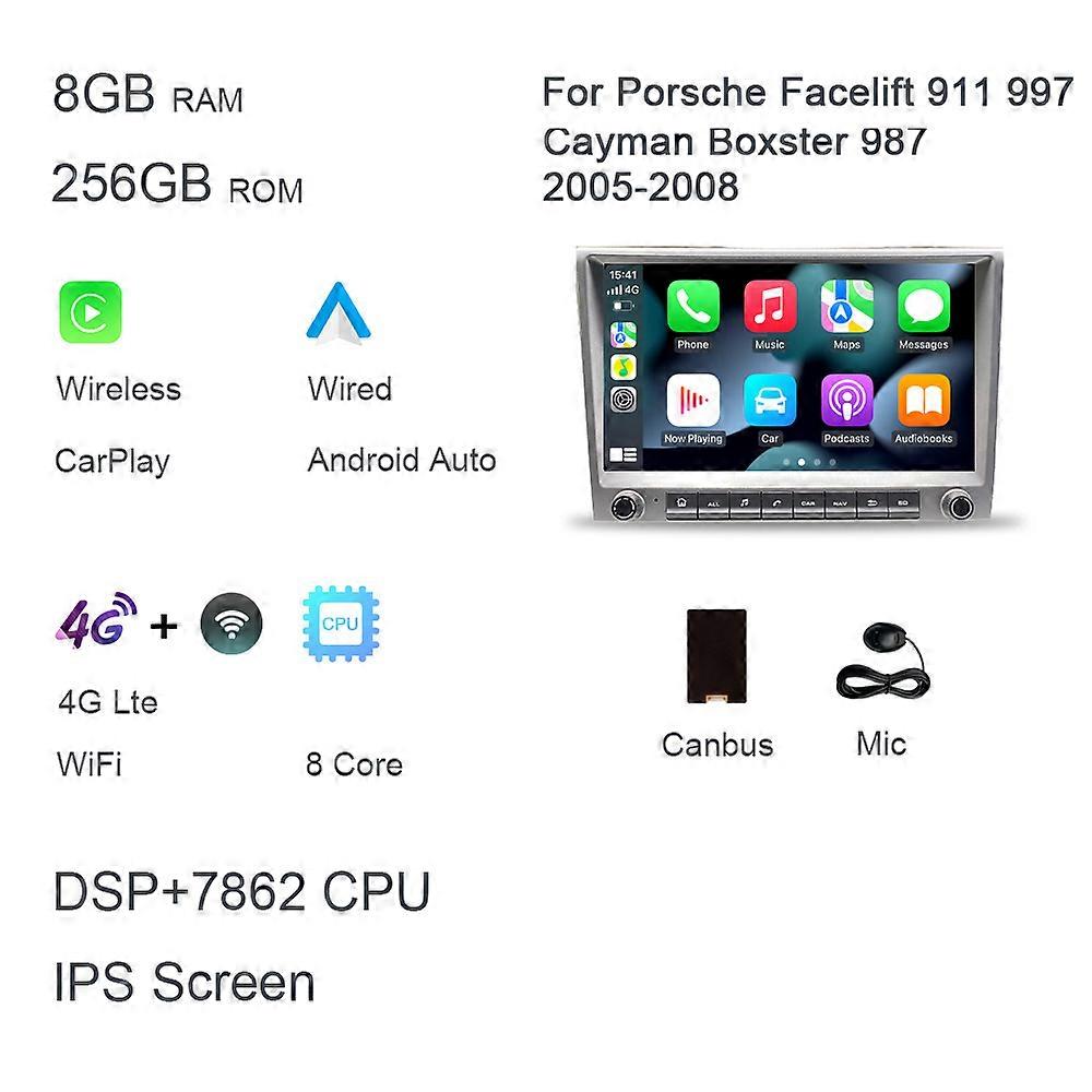 720P CarPlay 8" 2 din Android 12.0 Voiture lecteur DVD 8 Core 4GB DSP multimédia GPS autoradio Pour Porsche 911 997 987 Cayman Boxster