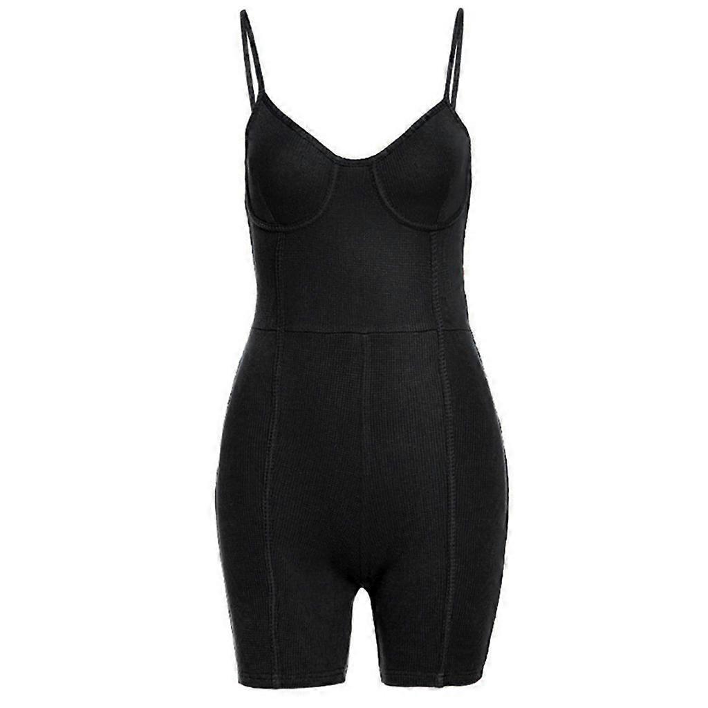 Kadın Spagetti Askılı Tulum Nervürlü V Yaka Biker Şort Yüksek Bel Playsuit